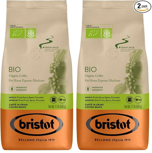 Bristot Bio Organic Italian Espresso Beans | Italian Whole Beans | Medium Roast | 1.1lb/500g (Pack of 2)