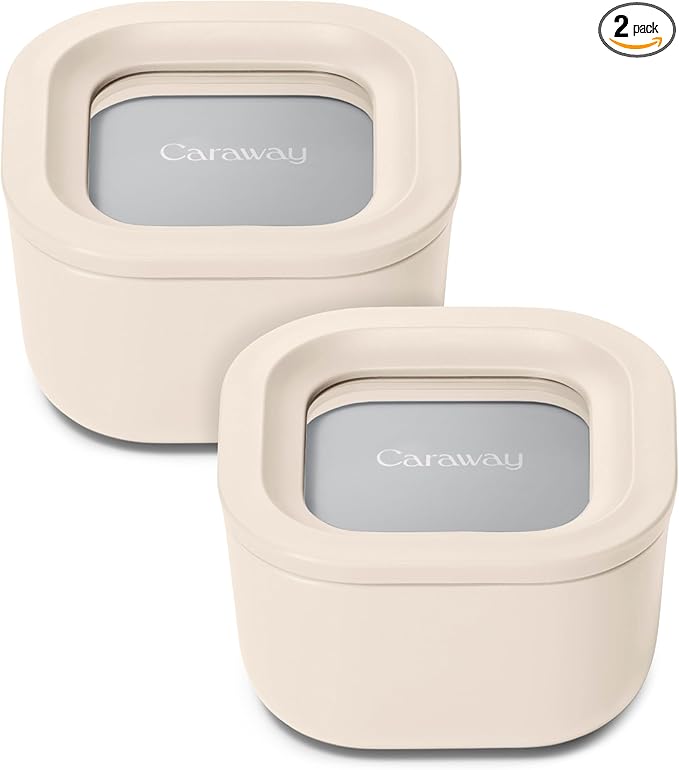 Caraway 2pc Glass Food Storage Set - 1.75 Cup Food Containers (2) - Non-Toxic Ceramic-Coated Glass - Air Release Technology - Compact & Stackable Design - Cream