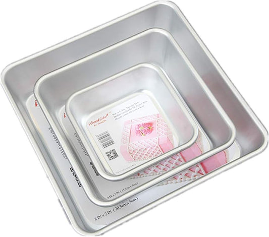 Set of 3 Anodized Aluminum 3-Tiered Even Square Cake Pan Set, Multilayer Wedding Birthday Anniversary Baking Cake Tins 4.5" 6.5" 8.5"