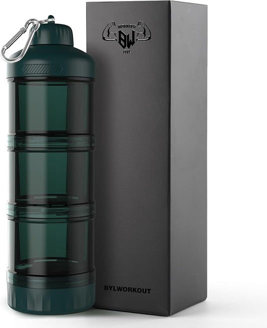 BYLWORKOUT 3-Layer Protein Powder Travel Container with Funnel and Keychain | Portable Food Storage Organizer for Gym, Fitness, Kitchen, Camping, Hiking, and Travel (Emerald Green)