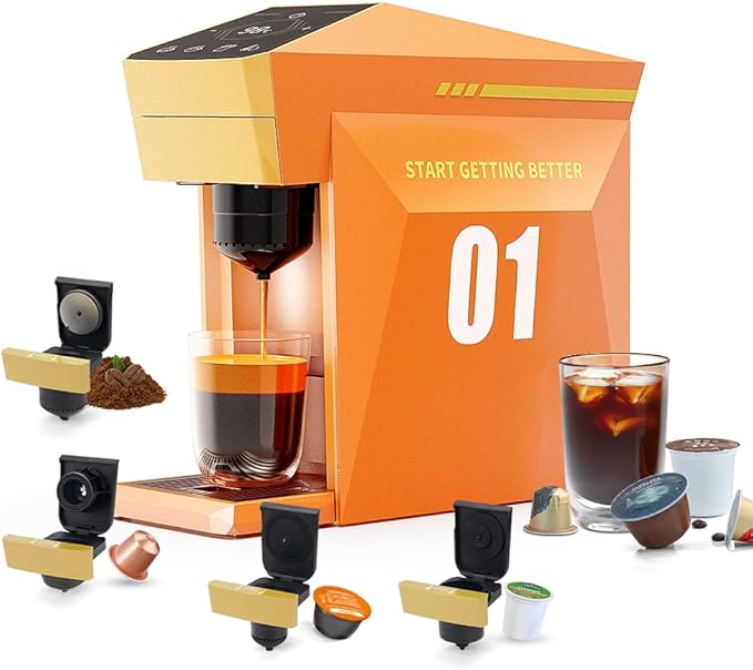 BENFUCHEN 4 in1 Single Serve Coffee Maker, 19 Bar Espresso Maker Coffee Machine For KCup/Nespresso OriginalLine Capsules/Dolce Gusto/Ground Coffee, Vibrant Orange