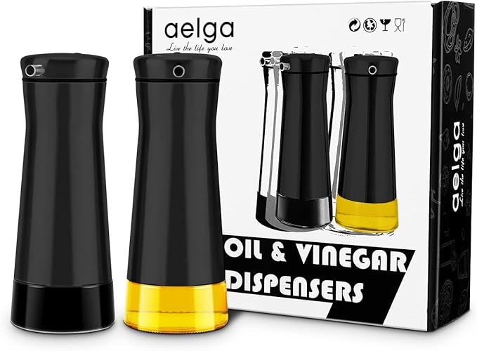 Aelga Black Oil And Vinegar Dispenser Set - 2 Pack Oil Dispenser Bottle for Kitchen with No-Drip - Black Kitchen Decor and Accessories for Home Restaurants Weddings