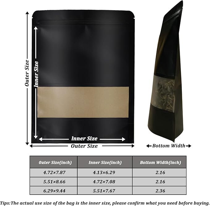 100 PCS Resealable Bags, Stand Up Kraft Paper Bags with Matte Window, Zipper Lock Food Storage Bags for Small Business and Home, 4.72 * 7.87 Inch Reusable Sealable Bags for Packaging -Black