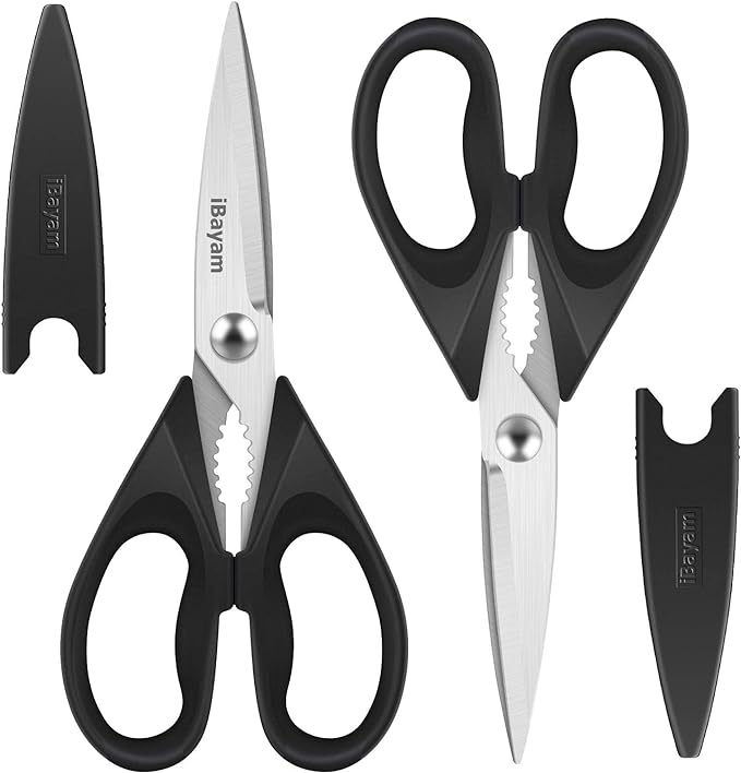 iBayam Black Kitchen Scissors - Heavy Duty Meat & Poultry Shears, Dishwasher Safe Stainless Steel Utility Scissors, 2-Pack Black Kitchen Utensils Set for New Home Essentials