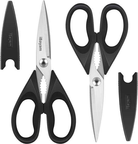 iBayam Black Kitchen Scissors - Heavy Duty Meat & Poultry Shears, Dishwasher Safe Stainless Steel Utility Scissors, 2-Pack Black Kitchen Utensils Set for New Home Essentials