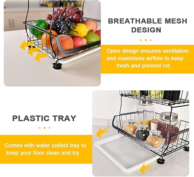 Fruit Vegetable Storage Basket, 4 Tier Stackable Metal Wire Storage Baskets with Wheels, Fruit Vegetable Produce Basket Organizer Bins for Kitchen, Pantry, Bathroom