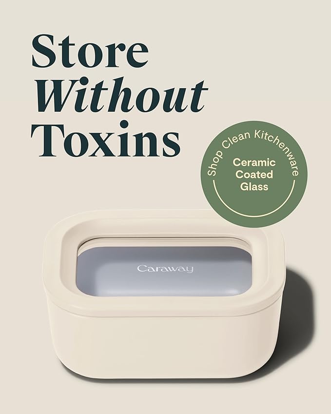 Caraway 6pc Glass Food Storage Set - 2.6 Cup Storage Containers For Food (6) - Non-Toxic Ceramic-Coated Glass - Air Release Technology - Compact & Stackable Design - Cream