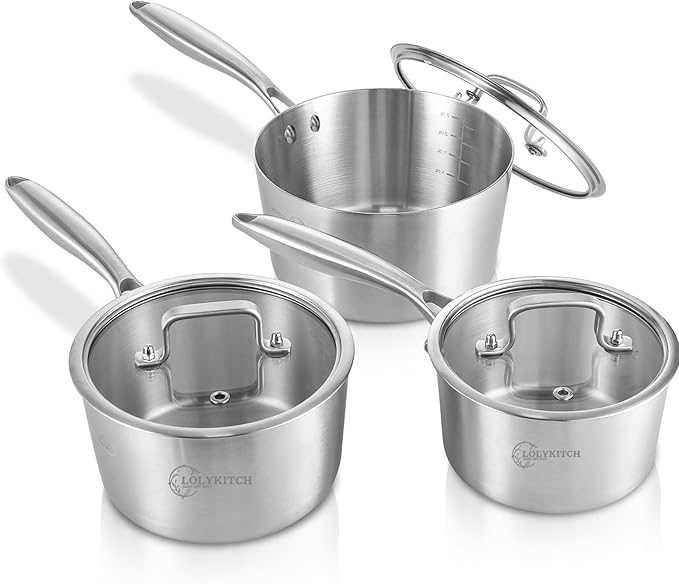 LOLYKITCH 1 & 2 & 3 Quarts Tri-Ply Stainless Steel Saucepan Set of 3,Induction Cooking Pots,Saucepans with Lids,Pots and Pans Set,Dishwasher and Oven Safe.