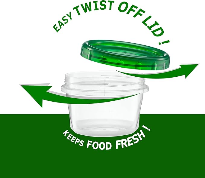 (16 Ounce 10 Pack) Twist cap Containers Clear Bottom With Green Top Screw on Twist Top Food Storage Freezer Containers