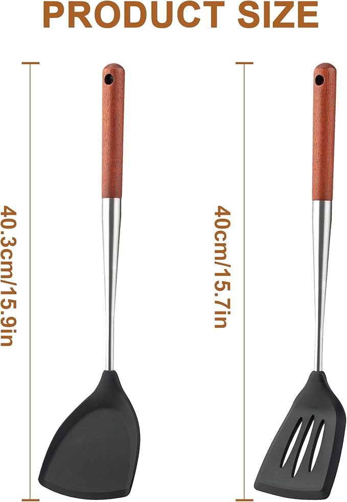 FJNATINH Silicone Spatula and Turner Set - Slotted Spatulas,Non Stick Heat-Resistant Cooking Utensils BPA Free Kitchen Utensils Cookware Wooden Handle (Walnut Handle-Spatulas 2PCS)