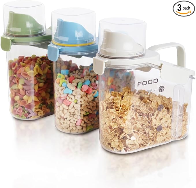 3 Pieces Cereal Containers Storage, 51fl.oz/1.5L Compact Crystal Clear Dry Food Storage Containers with Pouring Spout Measuring Cup for Rice Nuts Beans Pet Food Snacks Candies, 3PCS
