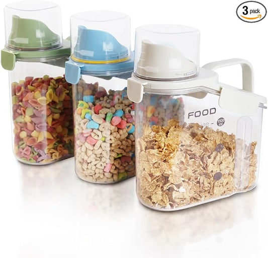3 Pieces Cereal Containers Storage, 51fl.oz/1.5L Compact Crystal Clear Dry Food Storage Containers with Pouring Spout Measuring Cup for Rice Nuts Beans Pet Food Snacks Candies, 3PCS