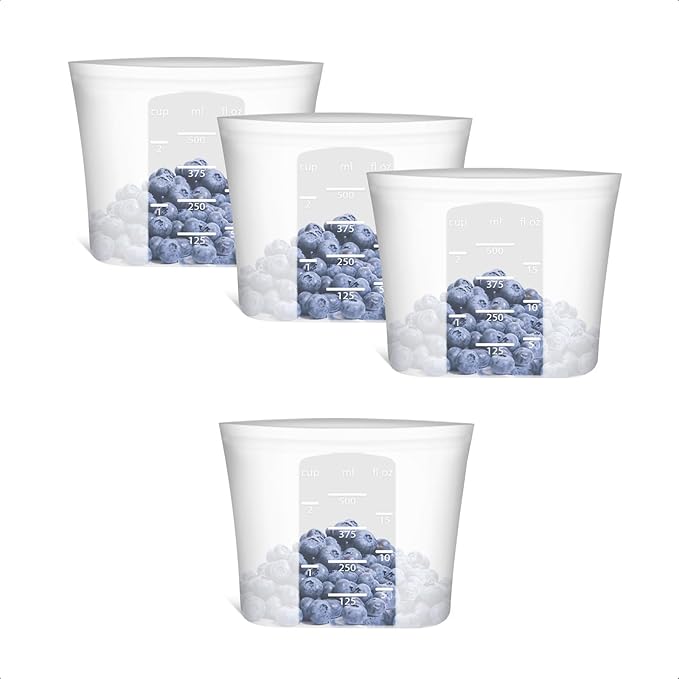 Reusable Snack Bags, 4 Pack, Stand Up 100% Silicone Reusable Storage Bag, Ziplock Silicone Food Storage Containers Snack Size, Freezer Microwave Oven Dishwasher Safe, Translucent, 16oz