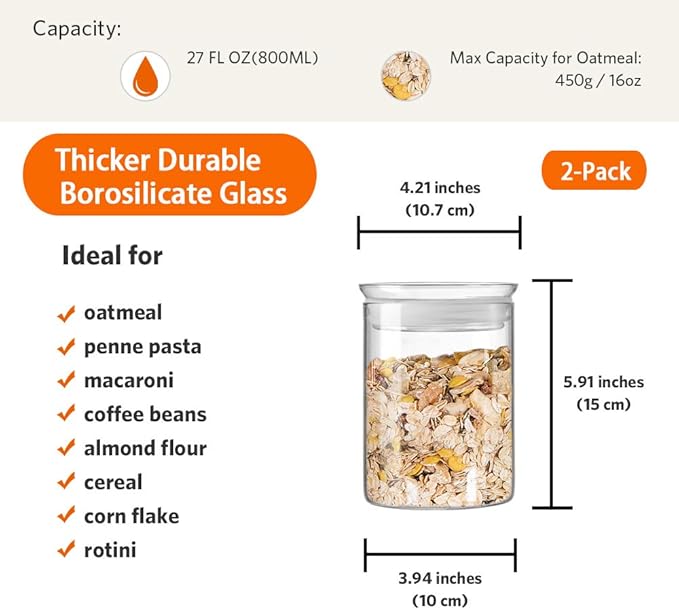 ZENS 27oz Glass Jars with Airtight Lid Set of 2, Clear Glass Storage Containers, Glass Kitchen Canisters with Airtight Lids, Coffee Jars for Brown Sugar, Pantry Organization