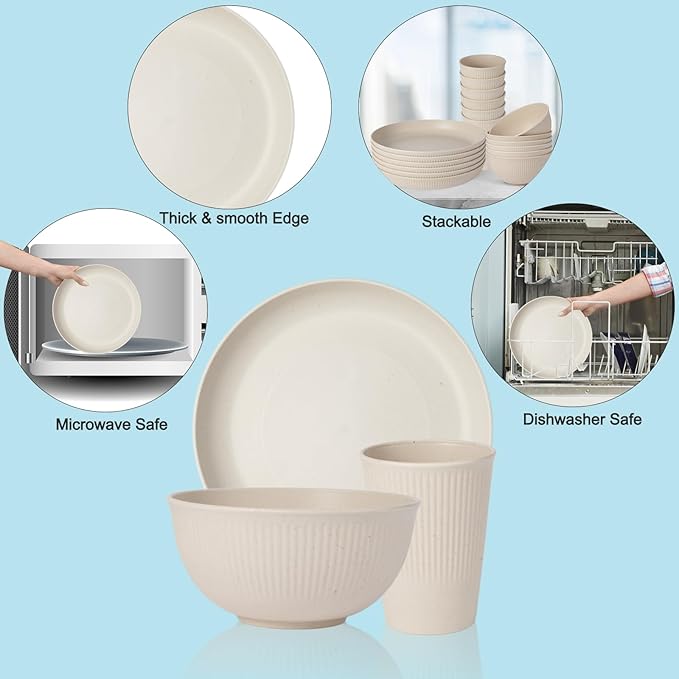 18pcs Wheat Straw Dinnerware Sets, Unbreakable dish Set Reusable Plates, Bowls, and Cups Set dishes Dishwasher Microwave Safe for Kitchen Outdoor Travel Camping (Beige)