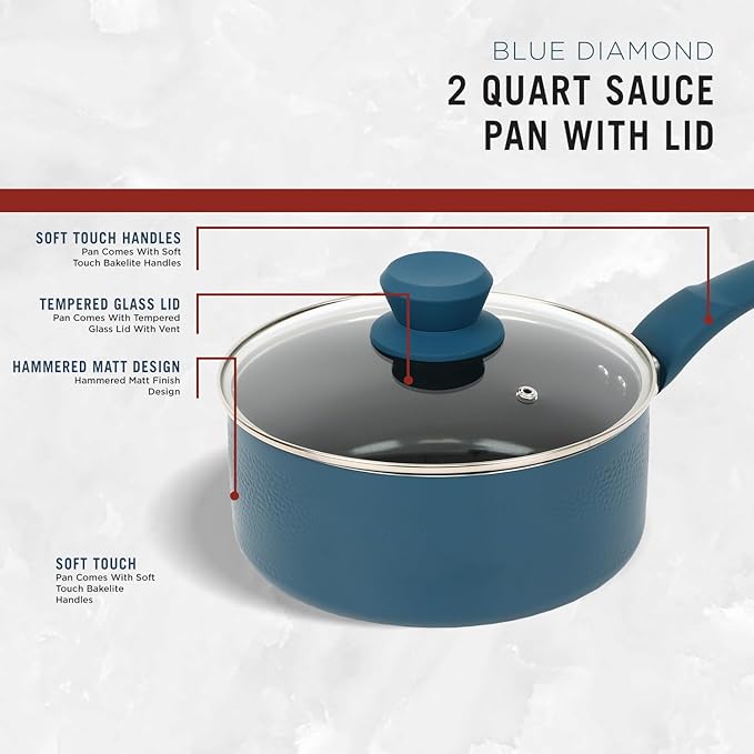2 Quart Sauce Pan with Lid, Blue Diamond NonStick Small Pot with Tempered Glass Lid, Soft-Touch Handles, Induction Base