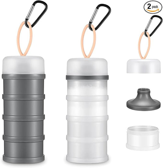 2 Pcs Protein Powder Container with Stackable Design, Portable Dispenser with Keychain, 4-Tier Leakproof Travel Powder Storage for Workout, Fitness, and Travel (Grey White)