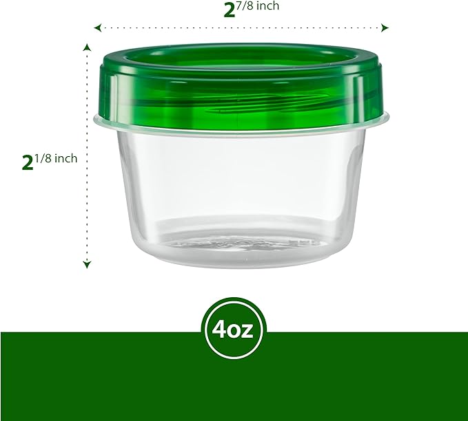 (4 Ounce 10 Pack) Twist cap Containers Clear Bottom With Green Top Screw on Lids Twist Top Food Storage Freezer Containers