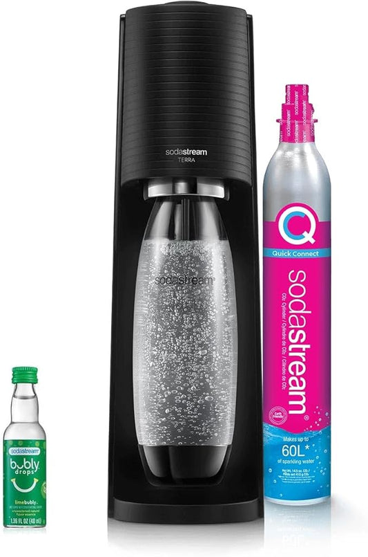 SodaStream - Terra Soda Streaming Machine - STARTER KIT - Sparkling Water Maker with CO2 & Bubly Drop - Eco-Friendly, No Batteries Needed - Black