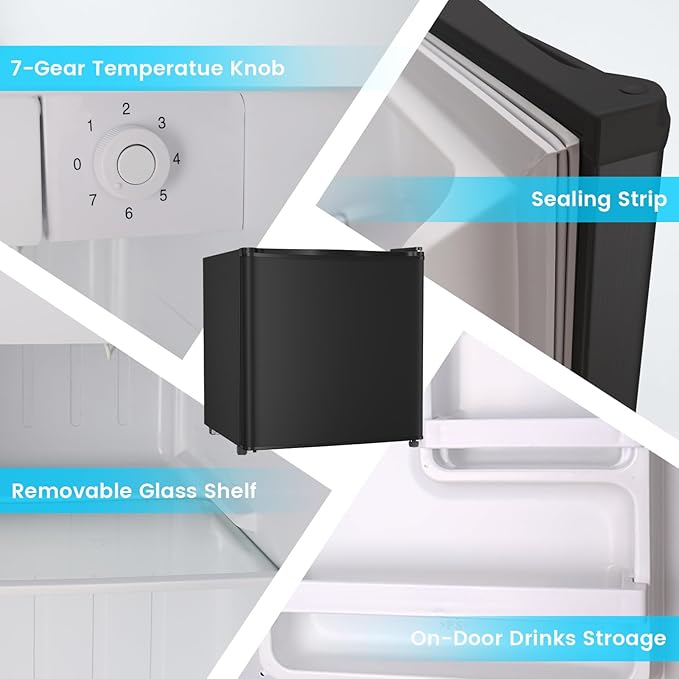 1.6 Cu.ft Mini Fridge with Freezer, Compact Refrigerator, Single Reversible Door, Ultra Quiet, Energy Efficient for Office, Dorm, Bedroom, Apartment, Black