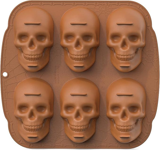 Halloween Skull Silicone Molds for Baking, 6 Cavities 3D Skull Baking Pan for Cake Chocolate, Skeleton Mold for Pizza Ice Wax Melt Jelly Resin (Coffee)
