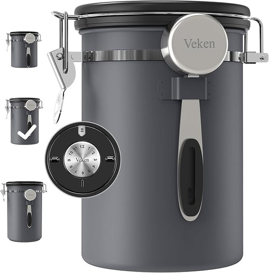 Veken Coffee Canister, Airtight Stainless Steel Kitchen Food Storage Container with Date Tracker and Scoop for Grounds Coffee, Beans, Tea, Flour, Cereal, Sugar, 22OZ, Gray