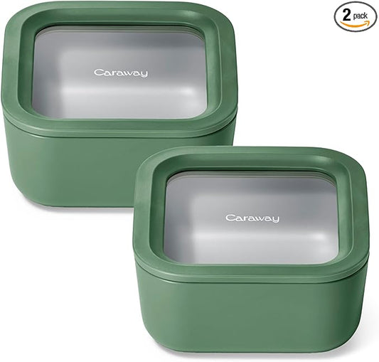 Caraway 2pc Glass Food Storage Set - 4.4 Cup Food Containers (2) - Ceramic Coated - Non Toxic, Non Stick Lunch with Lids - Dishwasher, Oven, & Microwave Safe - Sage