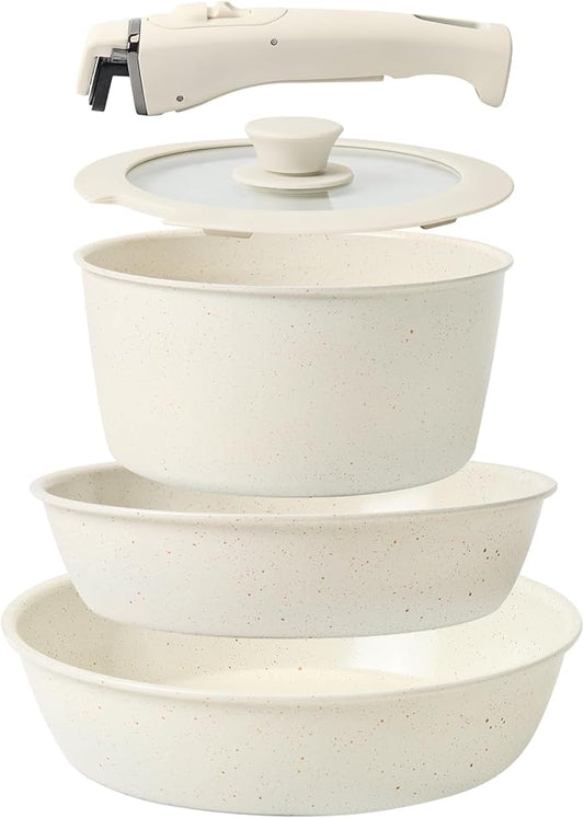 Pots and Pans Set Non Stick, Ceramic Cookware Set Nonstick Frying Pans 5 Pcs-Non Toxic PFAS/PFOA/PTFE Free, with Detachable Handle for RV Kitchen, Induction & Dishwasher Safe Cream White