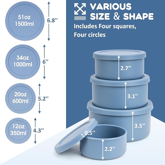 8PCS Silicone Food Storage Containers with Lids,10oz to 51oz,Reusable Leakproof Nesting & Stackable Bento Lunch Box,Microwave Freezer Dishwasher Oven Safe Meal Prep Containers,BPA Free, Slate Blue