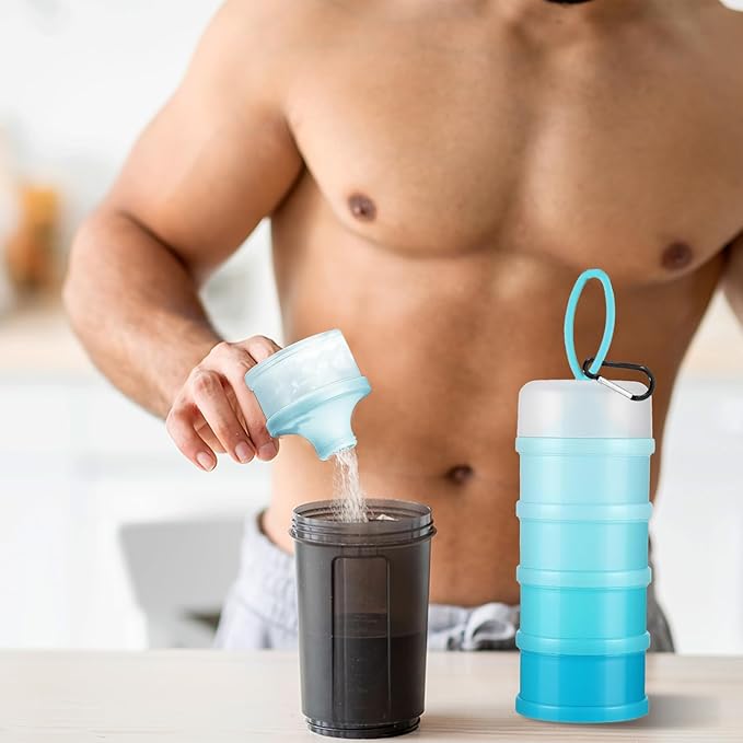 2 Pcs Protein Powder Container with Stackable Design, Portable Dispenser with Keychain, 4-Tier Leakproof Travel Powder Storage for Workout, Fitness, and Travel (Blue)