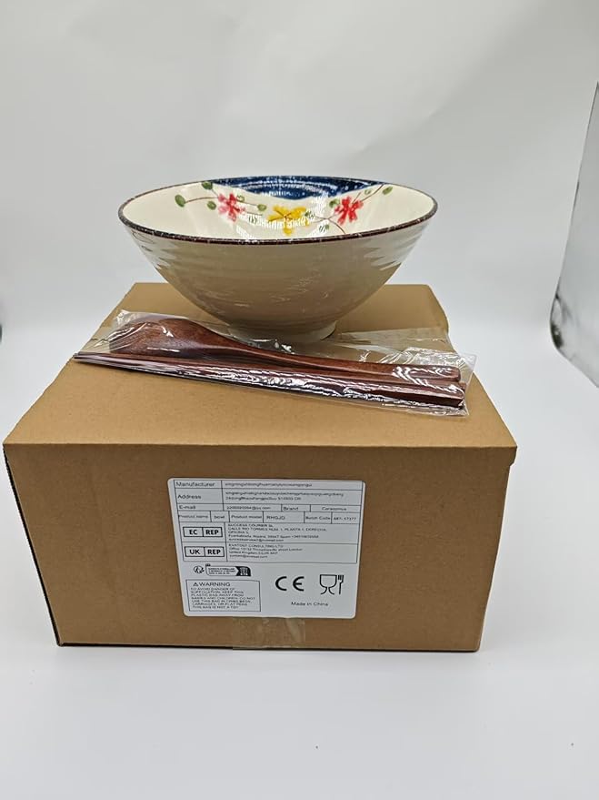 40 OZ ceramic ramen bowls, 8 IN large Japanese noodle soup bowl, match chopsticks and spoons, suitable for Pho, Udon Asian noodles (Colorful flowers)