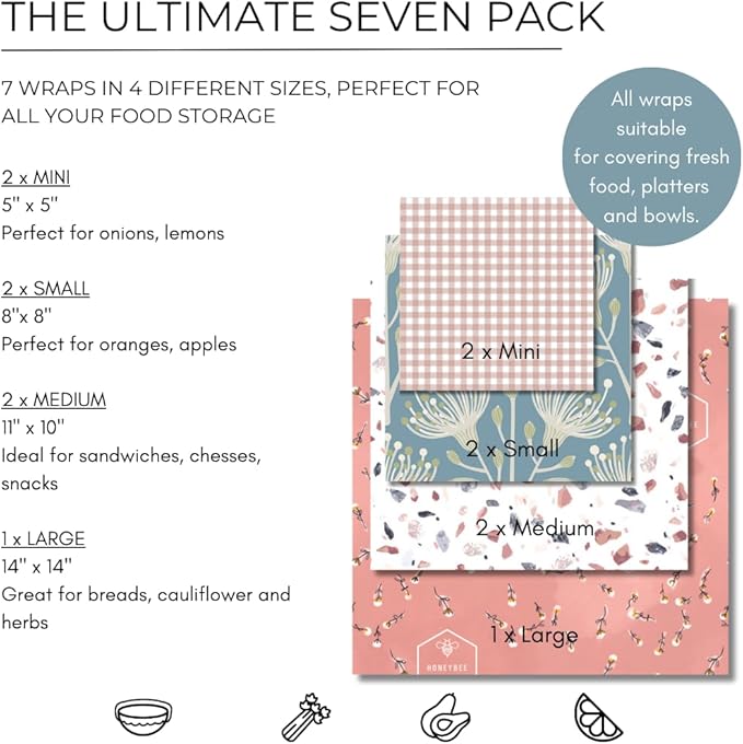 Reusable Beeswax Wraps for Food | 7 Pack | Eco Friendly, Organic, Biodegradable, Plastic Free, Bee's Wrap Bowl Covers and Food Storage | Cling Wrap Alternative