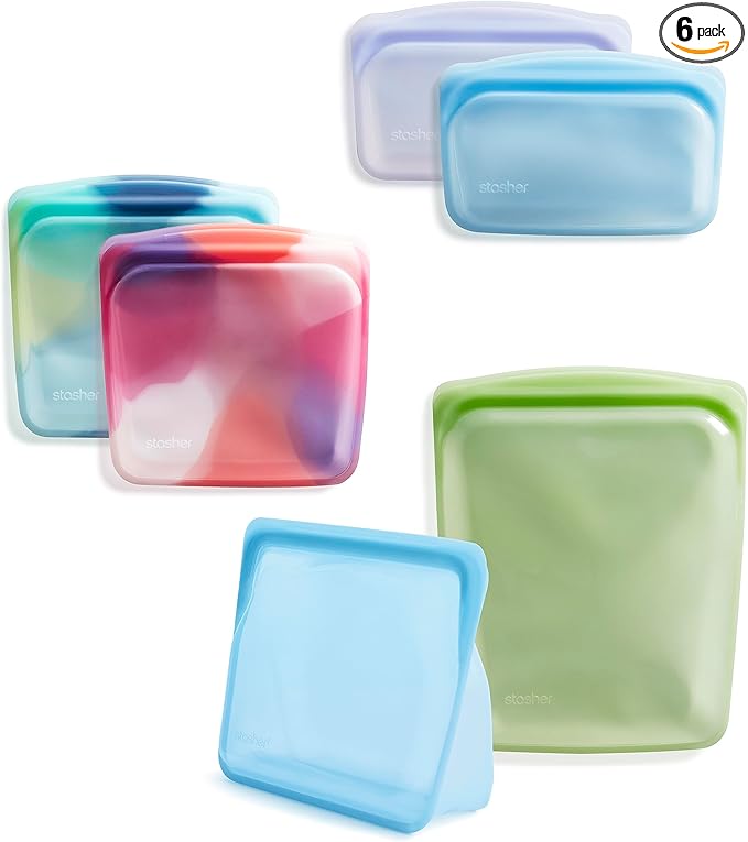 Stasher Premium Silicone Reusable Food Storage Bags, 6-Pack, Tie Dye Multi, Multi-Use Food Storage Bags, Lunch Bag, Travel Containers, BPA Free, Leak-free, Dishwasher-Safe, Eco-friendly