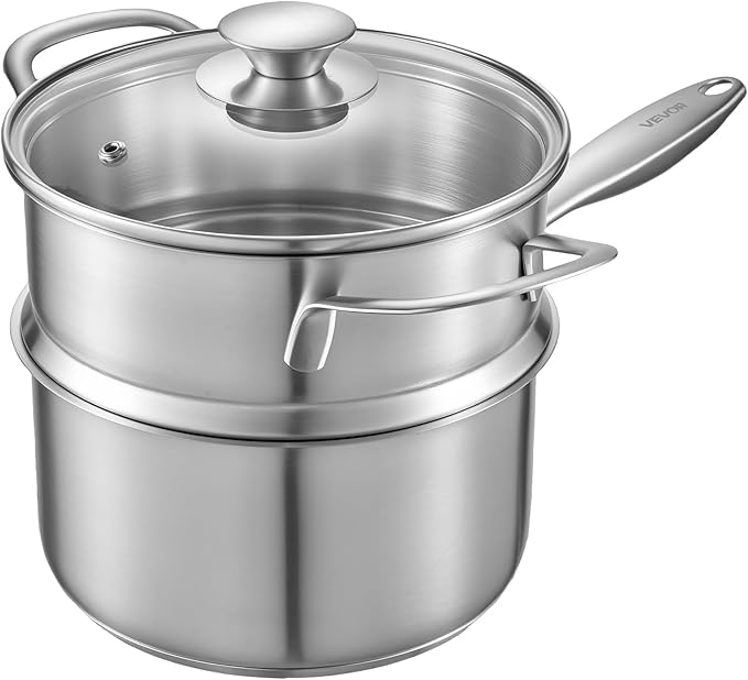 VEVOR 1.5 QT Saucepan with Steamer, Stainless Steel Saucepan with Glass Lid, Multipurpose Nonstick Stainless Steel Sauce Pot with Ergonomic Handle, Friendly for Oven, Dishwasher, Induction Cooker