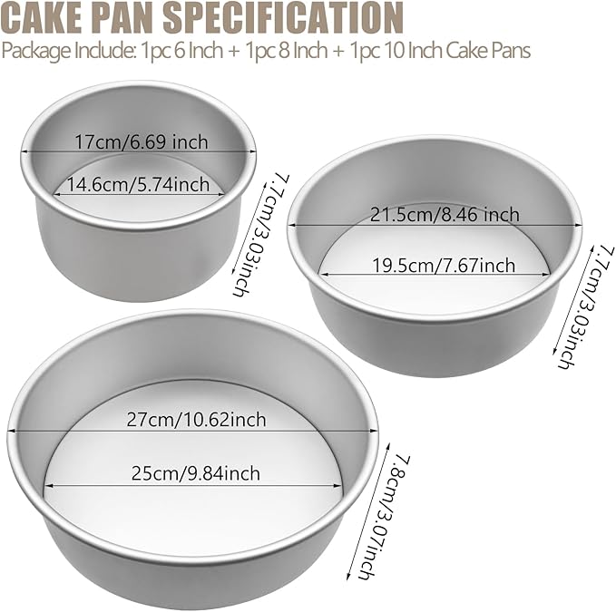 Aluminum Round Cake Pans, 3pcs Nonstick Baking Pan with Removable Bottom 6/8/10 Inches Cheese Cake Mold Straight Edge for Wedding Birthday Anniversary or Party Event