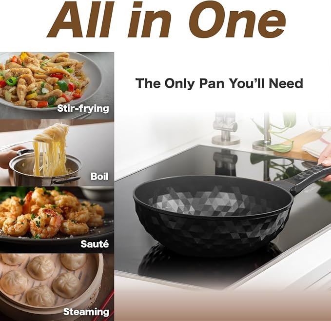 Diamond X Premium Non Stick Wok Pan with Lid - 11" Large Flat Bottom Chinese Wok - Woks & Stir-fry Pans Nonstick - Titanium-Coated 8-Layered Korean Engineered Skillet for Frying, Oil-Free, PFOA-Free