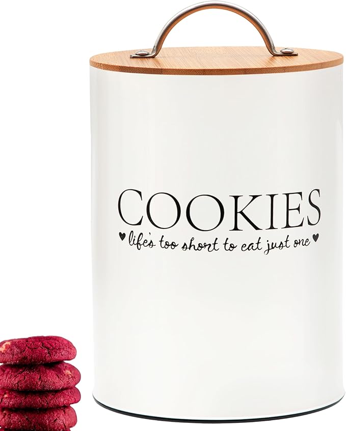 D'Lifeful Cookie Jar with Airtight Bamboo Lid – 1.1 Gallon Cute and Decorative Cookie Storage for Kitchen Countertop – Farmhouse Storage Tin for Freshness – Great Gift Idea