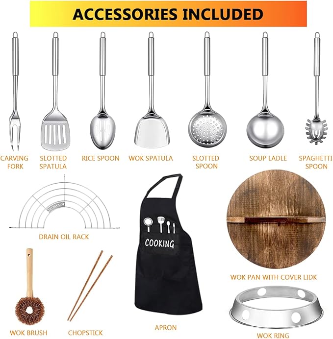 Carbon Steel Wok Pan, 14 Piece Woks & Stir-Fry Pans Set with Wooden Lid Cookwares, No Chemical Coated Flat Bottom Chinese Pan for Induction, Electric, Gas, Halogen All Stoves - 12.6''