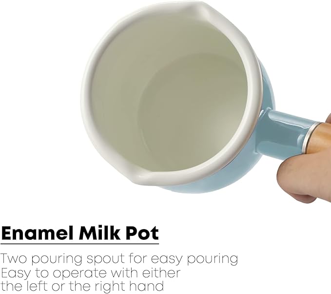 0.6qt Mini Enamel Milk Pot Insulated Wooden Handle 2 Pour Spouts Small Food Warmer Cute Saucepan (D015,Mint Green)