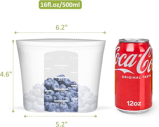 Reusable Snack Bags, 4 Pack, Stand Up 100% Silicone Reusable Storage Bag, Ziplock Silicone Food Storage Containers Snack Size, Freezer Microwave Oven Dishwasher Safe, Translucent, 16oz