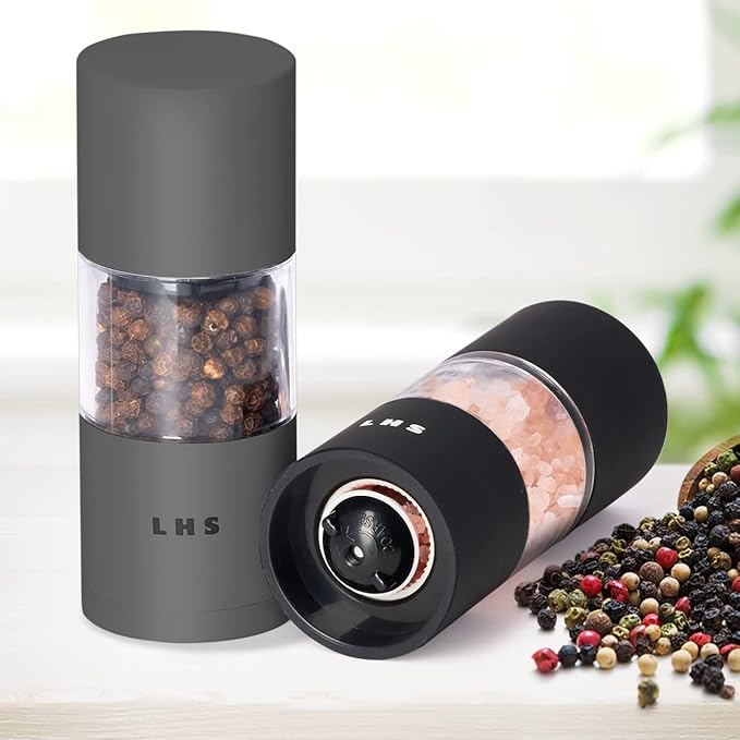 LHS Premium Salt and Pepper Grinder Set, Stainless Steel Salt Pepper Shaker Set, Refillable Pepper Grinder and Salt Mill with Adjustable Coarseness for Kitchen Use - 4.6 Inches(2-Pack, Grey & Black)