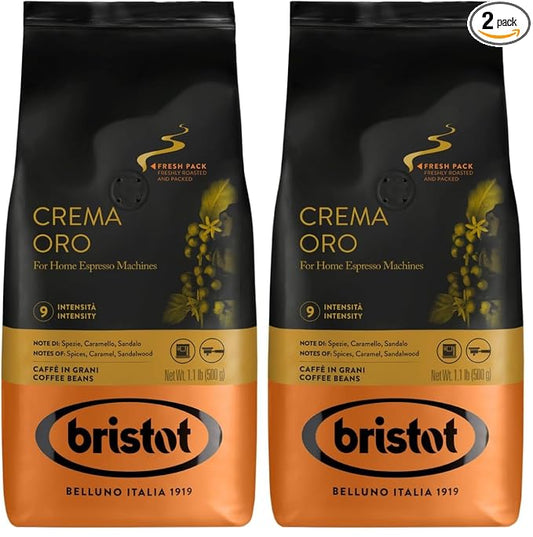 Bristot Crema Oro Italian Espresso Beans | Italian Beans Whole | Medium Roast | 1.1lb/500g (Pack of 2)