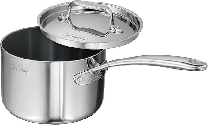 Tramontina Utsava Tri-Ply Clad Stainless Steel 2.2-Quart Sauce Pan with Lid and Ceramic Non Stick Interior, Induction-Ready Small Saucepan