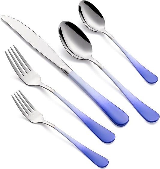 20-Piece White and Blue Silverware Set for 4, 18/0 Stainless Steel Flatware Cutlery Utensils Set, Includes Dinner Knives, Forks, Spoons, Salad Forks, Teaspoons, Dishwasher Safe