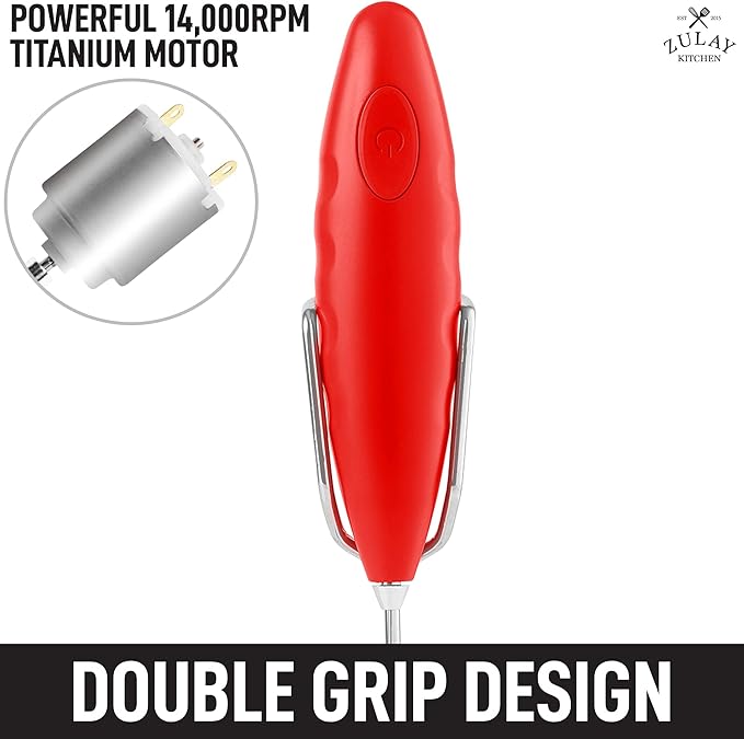 Zulay Double Grip Milk Frother for Coffee With Upgraded Holster Stand - Coffee Frother Handheld - Electric Handheld Foam Maker - Hand Mixer for Latte, Matcha - Electric Whisk (Red)