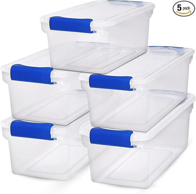 HOMZ 5-Pack Latching Lid, Clear Plastic Storage Organizer Bins, 7.5 Quart, Blue Latch - Stackable Organizing Containers for Home, Garage, and Office