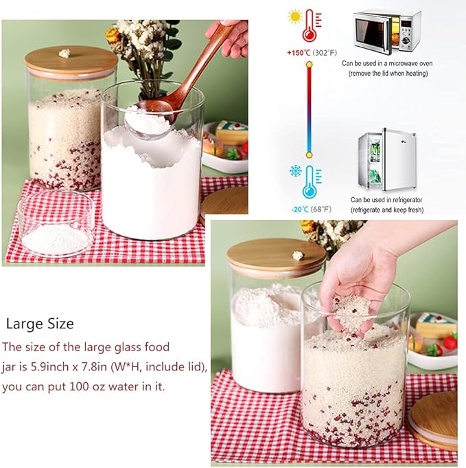Glass Flour Container with Airtight Bamboo Lid, Large Glass Food Jar with Wooden Lid for Storage Flour, Sugar, Cookies, Rice, Coffee Beans and etc (3L)