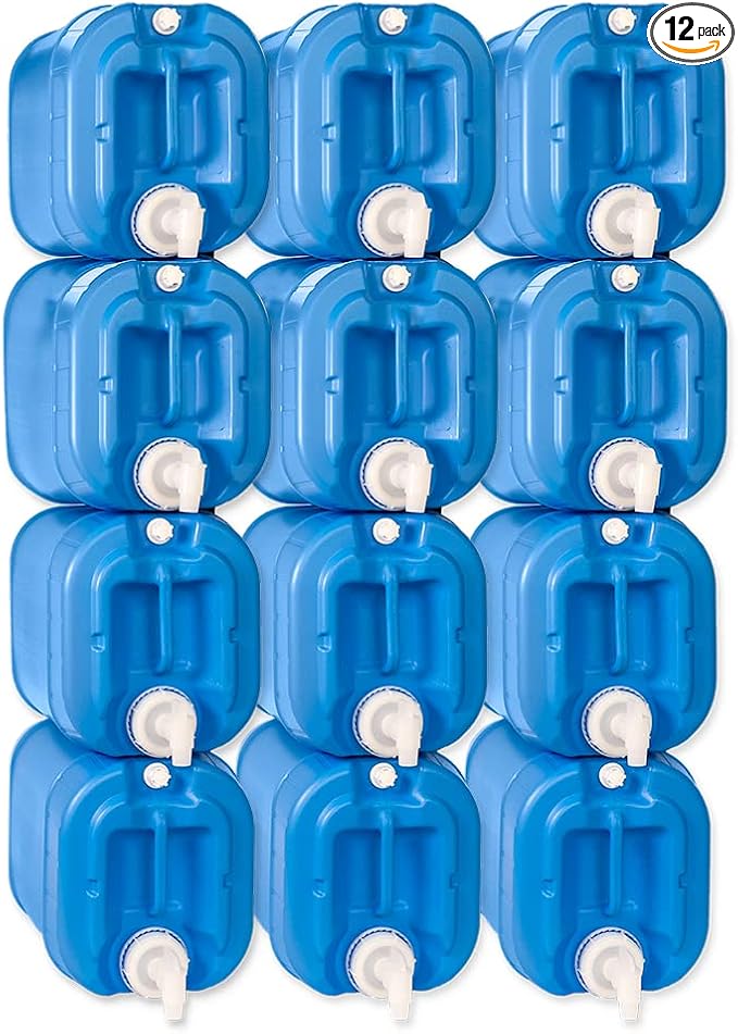 5 Gallon Stackable Water Containers (12-Pack) | 100% Food Grade, BPA-Free | Durable Indoor Outdoor Storage Large Water Jug | Camping Accessories, Survival Gear, Prepper Supplies
