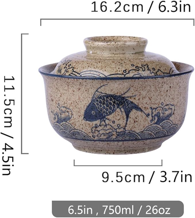 Ceramic Ramen Bowl Set, 800ml, with Lid, Spoon and Chopsticks, Japanese Vintage Large Soup Bowls Instant Noodle Bowl Asian Tableware (Fish*2)