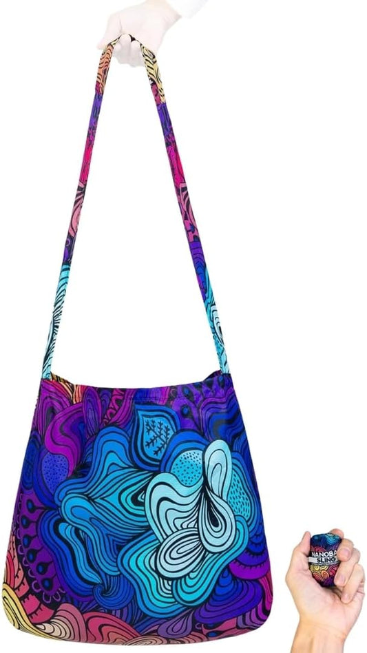 Nanobag Ultra-Lightweight Foldable Sling for Women & Men, Reusable Grocery & Travel Bag, Packable Collapsible Compact Market Crossbody (Sling Psychedelic)